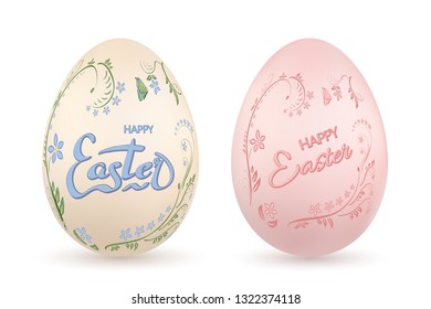 Easter egg 3D icon. Pastel eggs set, lettering, isolated white background. Floral design. Hand drawn flower decoration Happy Easter. Text element. Holiday pattern. Spring symbol Vector illustration