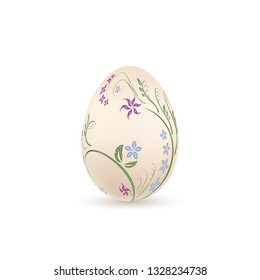 Easter egg 3D icon. Pastel egg, isolated white background. Floral hand drawn design, flower branch leaf decoration pattern Happy Easter celebration. Holiday element. Spring symbol Vector illustration