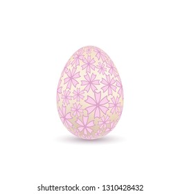 Easter egg 3D icon. Pink color egg, isolated white background. Pastel flower design, realistic decoration Happy Easter celebration. Holiday element. Shiny pattern. Spring symbol Vector illustration