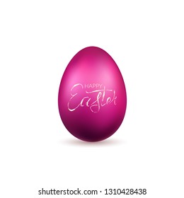 Easter egg 3D icon. Pink egg, lettering, isolated white background. Realistic design. Hand drawn decoration Happy Easter celebration. Text element. Holiday pattern. Spring symbol Vector illustration