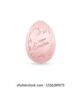 Easter egg 3D icon. Pink egg, Happy Easter text, isolated white background. Floral design. Hand drawn flower decoration for Easter. Text element. Holiday pattern. Spring symbol Vector illustration