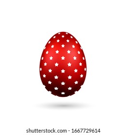Easter egg 3D icon. Red color egg, isolated white background. Bright realistic design, decoration for Happy Easter celebration. Holiday element. Shiny pattern. Spring symbol Vector illustration