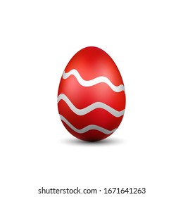Easter egg 3D icon. Red silver egg, isolated white background. Bright realistic design, decoration for Happy Easter celebration. Holiday element. Shiny pattern. Spring symbol Vector illustration