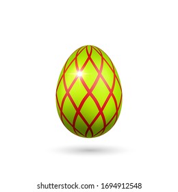 Easter egg 3D icon. Red green color egg, isolated white background. Bright realistic design, decoration for Happy Easter celebration. Holiday element. Shiny pattern. Spring symbol Vector illustration