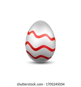 Easter egg 3D icon. Red silver egg, isolated white background. Bright realistic design, decoration for Happy Easter celebration. Holiday element. Shiny pattern. Spring symbol Vector illustration