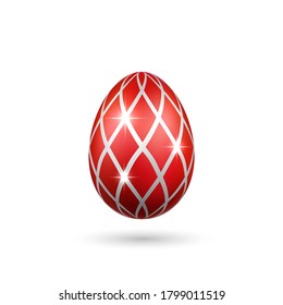 Easter egg 3D icon. Red silver egg, isolated white background. Bright realistic design, decoration for Happy Easter celebration. Holiday element. Shiny pattern. Spring symbol Vector illustration