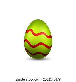 Easter egg 3D icon. Red green color egg, isolated white background. Bright realistic design, decoration for Happy Easter celebration. Holiday element. Shiny pattern. Spring symbol Vector illustration