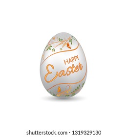Easter egg 3D icon. Silver egg, Happy Easter text, isolated white background.  