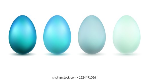 Easter egg 3D icons. Blue bright and pastel eggs set isolated white background. Design decoration for Happy Easter celebration. Holiday elements pattern collection. Spring symbol Vector illustration