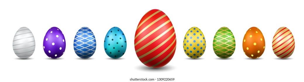 Easter egg 3D icons. Color eggs set isolated white background. Geometric design texture. Decoration Happy Easter celebration. Holiday elements pattern collection. Spring symbol Vector illustration