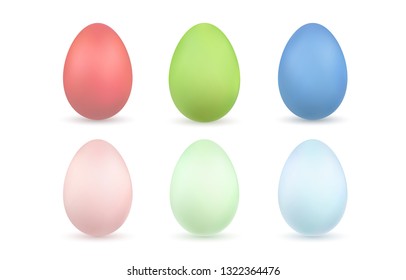 Easter egg 3D icons. Color bright and pastel eggs set isolated white background. Design decoration for Happy Easter celebration. Holiday elements pattern collection. Spring symbol Vector illustration