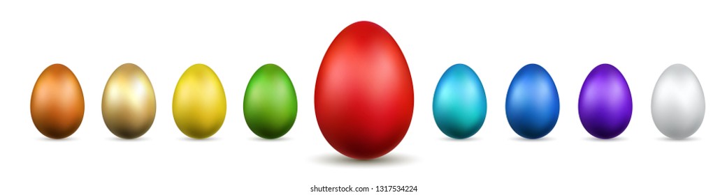 Easter egg 3D icons. Gold, color eggs set isolated white background.  