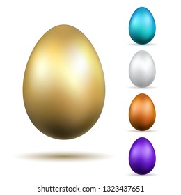 Easter egg 3D icons. Gold, color eggs set isolated white background. Golden design, decoration Happy Easter celebration. Holiday elements collection. Shiny pattern. Spring symbol Vector illustration