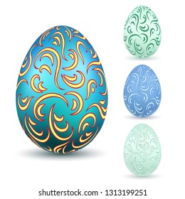 Easter egg 3D icons. Ornate color eggs set, isolated white background. Swirl realistic design, decoration Happy Easter celebration. Holiday ornamental element. Spring pattern Vector illustration