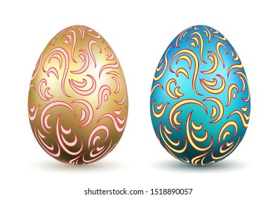 Easter egg 3D icons. Ornate gold color eggs set, isolated white background. Swirl realistic design, decoration Happy Easter celebration. Holiday ornamental element. Spring pattern Vector illustration