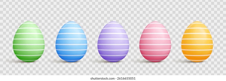 Easter egg 3d vector set - cartoon shapes with pastel solid color, polka dots, strips and diagonal lines patterns, shadow on transparent background for seasonal spring holidays design.