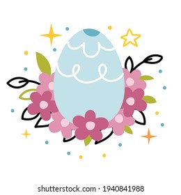Easter egg among pink flowers.Spring decor.Easter composition.Vintage illustration in pastel colors.Flat design.Simple Hand drawn illustration.Minimalistic elegant concept.