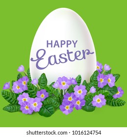 Easter egg among the primrose flowers. Happy Easter vector design. Realistic vector lilac spring flowers.