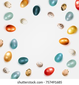 Easter egg background with golden, orange and blue glossy eggs. Realistic chicken and quail dyed Easter symbol. Top view, with space for text. Isolated on a light background. Vector illustration.