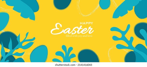 Pascua feliz de los huevos de Pascua, Pascua llena de alegría y amor de fondo amarillo y hoja verde y huevo