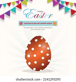 Easter egg with a background of light rays. Easter greeting card with party flags.