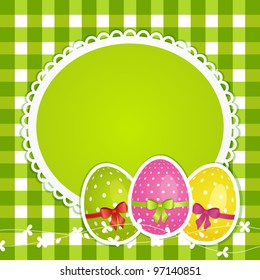 Easter egg background with ribbons and bows on a decorative border against green gingham