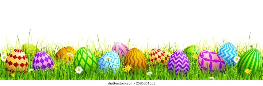 Easter egg banner, Easter border, painted eggs on grass