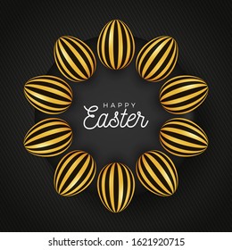 Easter egg banner. Easter card with eggs laid out in a circle on a black plate, gold and black ornate eggs on black striped modern background. Vector illustration. Place for your text