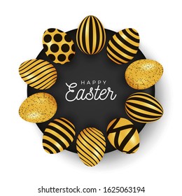 Easter egg banner. Easter card with eggs laid out in a circle on a black plate, gold and black ornate eggs on white modern background. Vector illustration. Place for your text