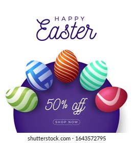 Easter egg banner. Easter card with eggs laid out in a circle on a purple plate, colorful ornate eggs on white modern background. Vector illustration. Place for your text.