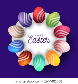 Easter egg banner. Easter card with eggs laid out in a circle on a white plate, colorful ornate eggs on purple modern background. Vector illustration. Place for your text.
