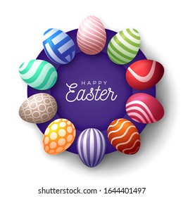 Easter egg banner. Easter card with eggs laid out in a circle on a purple plate, colorful ornate eggs on white modern background. Vector illustration. Place for your text.