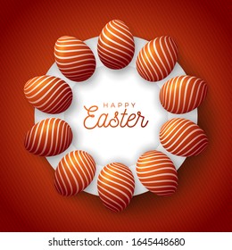 Easter egg banner. Easter card with eggs laid out in a circle on a white plate, orange ornate eggs on orange modern background. Vector illustration. Place for your text.