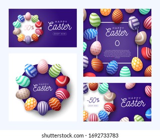 Osterei-Banner Grußkartenset. Frohe Ostersüße Bannerhintergrund-Vorlage mit wunderschönen, farbenfrohen Eiern.Grußkarte. Vektorillustration