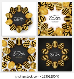 Easter egg banner set. Easter card collection with eggs laid out in a circle on a black plate, gold and black ornate eggs on modern background. Vector illustration. Place for your text.