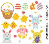Easter Egg Basket / Bunnies / Chicks In White Background