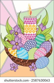 Easter Egg Basket With Candle Colorful Graphic Art Vector