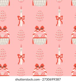 Easter Egg Basket Candle Seamless Pattern. Coquette Pink Holiday Background with  curly ribbon bow and lace. Religion traditional symbols. Repeat vector illustration