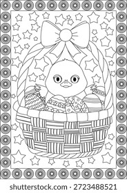 Cesta del huevo de Pascua con la página para colorear del pollito Vector editable