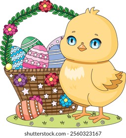 Easter Egg Basket And Chick Vector