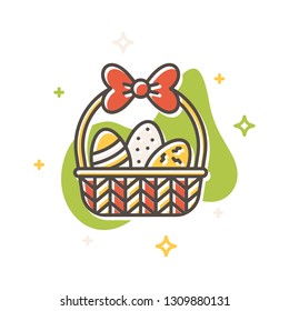 Easter egg basket concept in flat cartoon style. Filled outline icon design. Simple sign of Spring time. Cute color symbol. Print, poster, banner, card design. Vector Illustration isolated on white