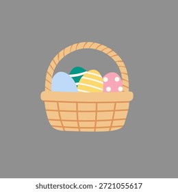 Easter egg basket in cute flat illustration style for holiday decor. Great for Easter graphics, kids designs, spring celebrations, and festive visuals.