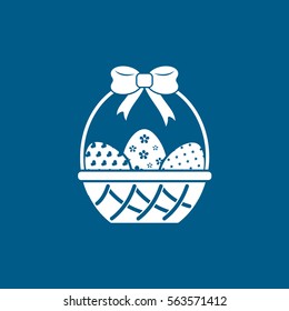 Easter Egg In Basket Flat Icon On Blue Background