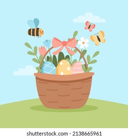 Easter egg basket with flowers, welcome spring card with cute elements. Hand drawn flat cartoon elements. Vector illustration