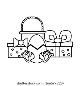 Huevo de Semana Santa con cesta y regalos sobre el diseño de ilustraciones vectoriales de fondo blanco