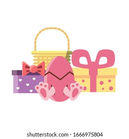 easter egg with basket and gifts on white background vector illustration design