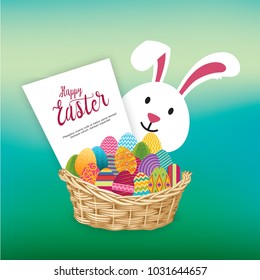 Easter Egg Basket and Happy Bunny over Jade, Green and Light Green Gradient Background