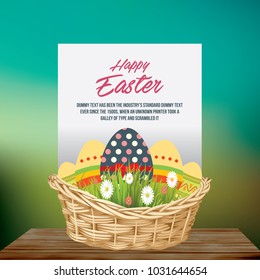 Easter Egg Basket and Happy Easter Card over Green, Light Green and Jade Gradient Background