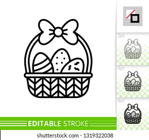 Easter egg basket thin line icon. Holiday poster. Spring banner in flat style. Simple illustration, outline symbol. Linear pictogram. Vector sign isolated on white. Editable stroke icon without fill