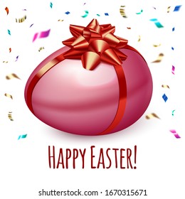 Easter egg with a beautiful bow of red color. Happy easter pattern. Falling Confetti. Isolated On a white background. Vector illustration.
